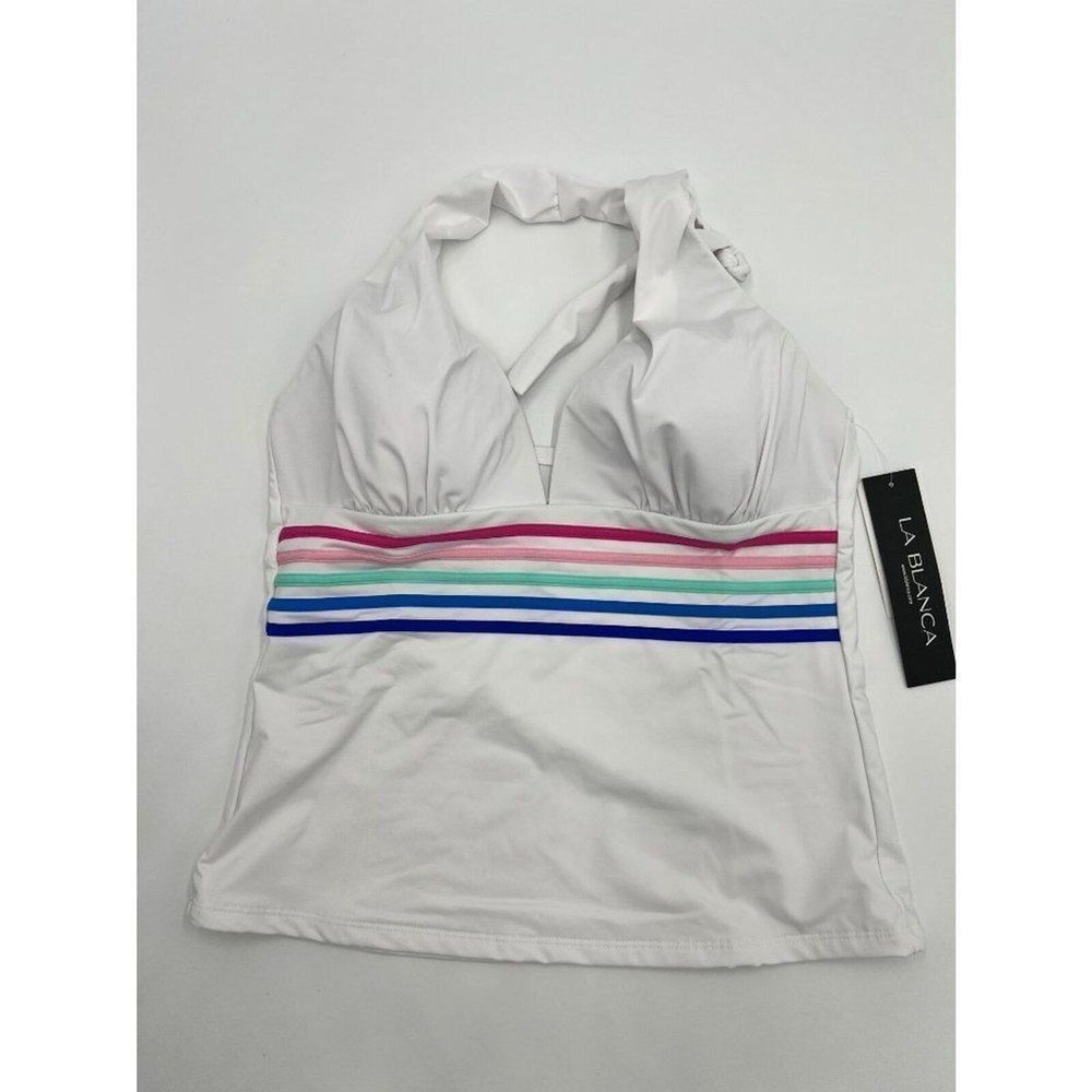La Blanca Womens White Striped Halter Tankini Swim Top Multi Color Band 4 NEW - Picture 4 of 6